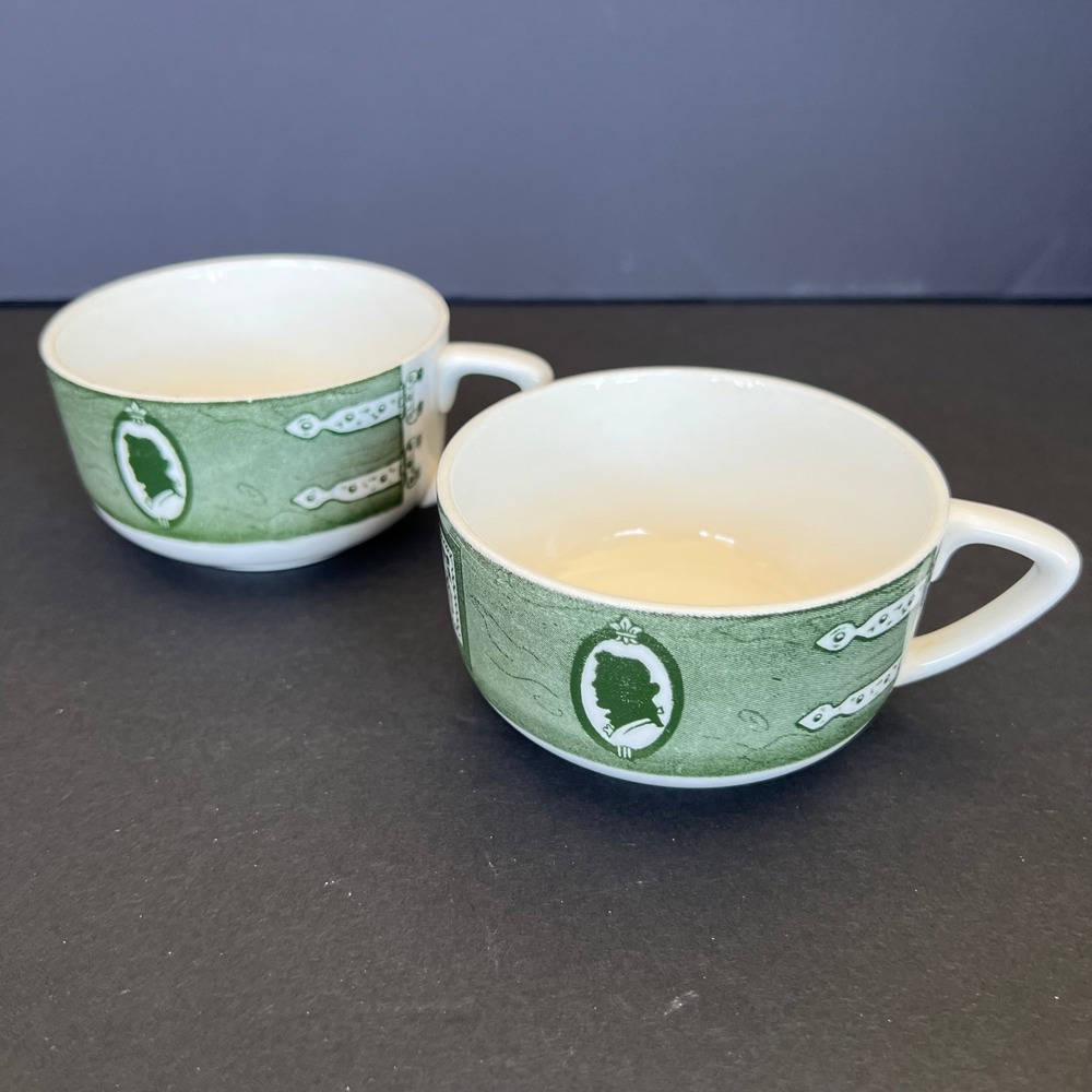 Vintage Green Transferware God Bless Our Home Silhouette Tea Cups Set of 2